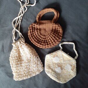 Three Vintage beige/white and brown beaded,crocheted macrame bags fully lined